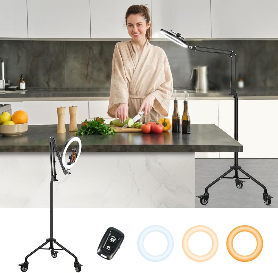 LUXSURE Ring Light Tripod for iPhone,Ring Light with Stand and Phone Holder,LED Overhead Camera Mount with Casters,Phone Tripod with Light and Remote for Video Recording/Live Stream/Cooking