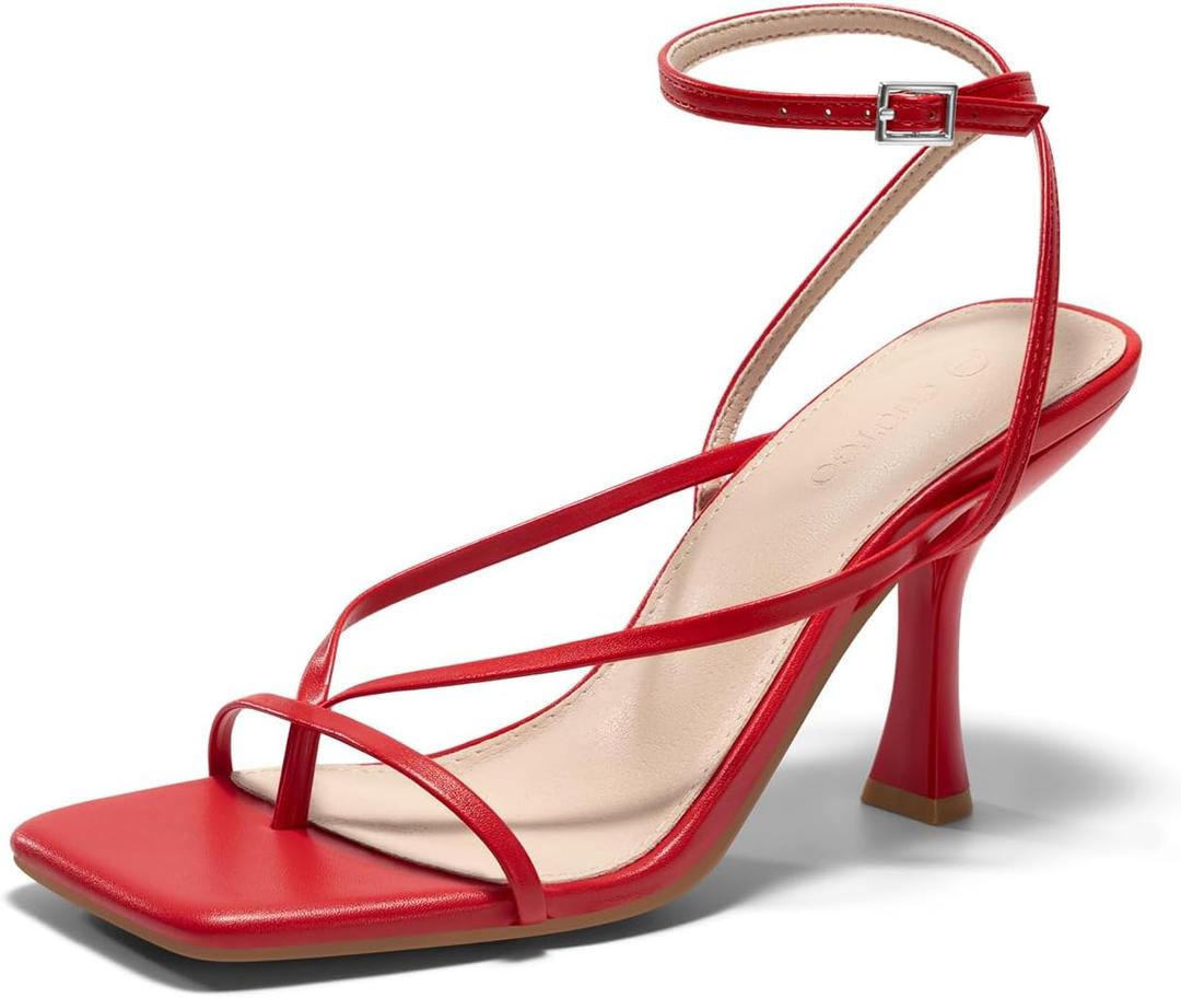 Coutgo Womens Strappy Kitten Heels Sandals Square Open Toe Flip Flops Summer Dress Shoes (Red, 9
)