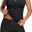 Daci Womens 2 Piece Tankini Swimsuits - Tummy Control Bathing Suit with Shorts V Wire Tankini Top Ribbed Swimwear (Large, Black)