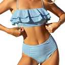 ZAFUL Layered Ruffle Bikini for Women High Waisted Bikini Sets Spaghetti Bandeau Swimsuits Padded Bathing Suit Blued Strip L
