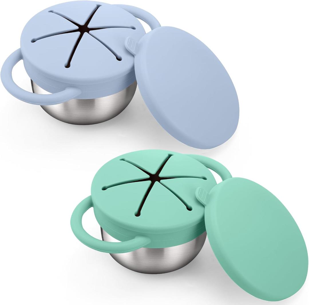 BUSOHA 2 Pack Stainless Steel Toddler Snack Cups - 9 OZ Spill-Proof Baby Snack Containers with Silicone Catcher and Lid Travel Snack Containers for Kids Food Grade Silicone Dishwasher Safe (Blue + Green)