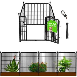 Getlay Garden Fence with Gate 48 in(H)×27 in(L) 4 Panels, Heavy Duty Iron Animal Barrier Fence, Rabbit Fence for Garden, Suitable for Indoor Pet Or Outdoor Dog Fencing, Total 8.9 Ft(L), Black
