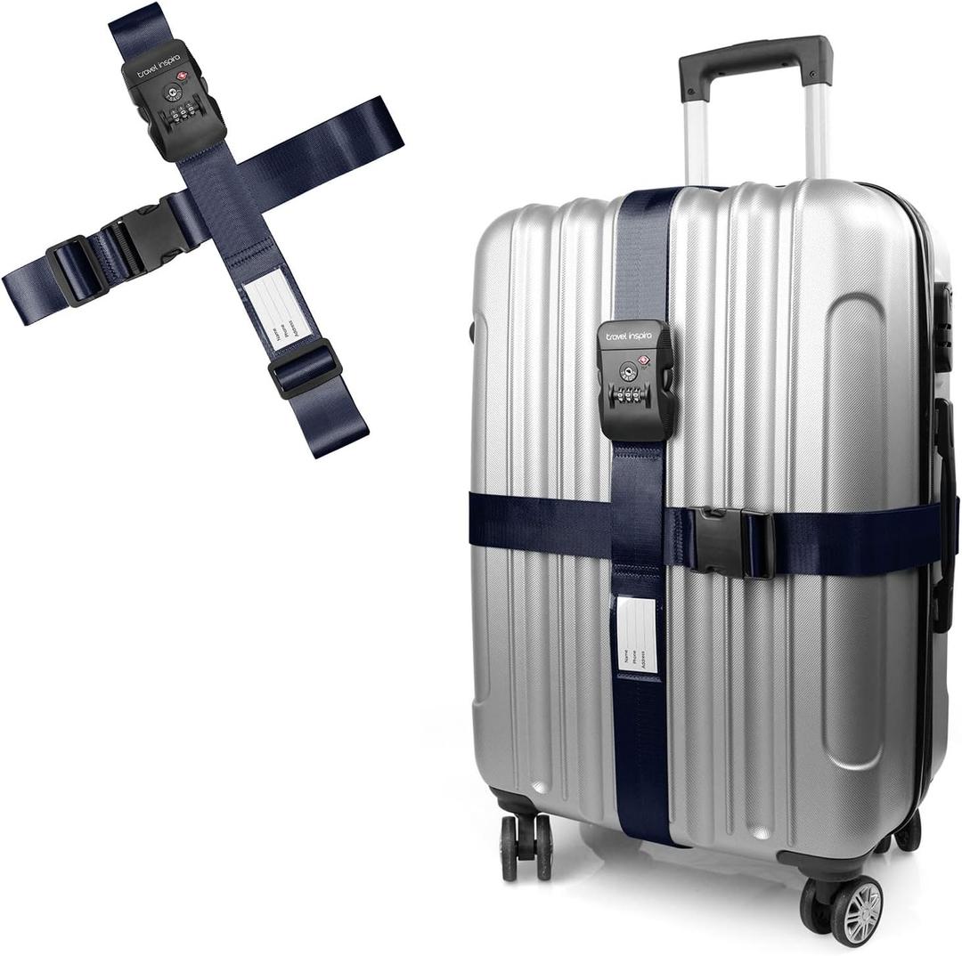 Travel Inspira Luggage Straps TSA Approved, 2 Pack Navy Blue Suitcase Straps with TSA Lock, Heavy Duty Adjustable Cross Travel Belt, Locking Bag Straps for Suitcases, Anti-Theft Travel Gear