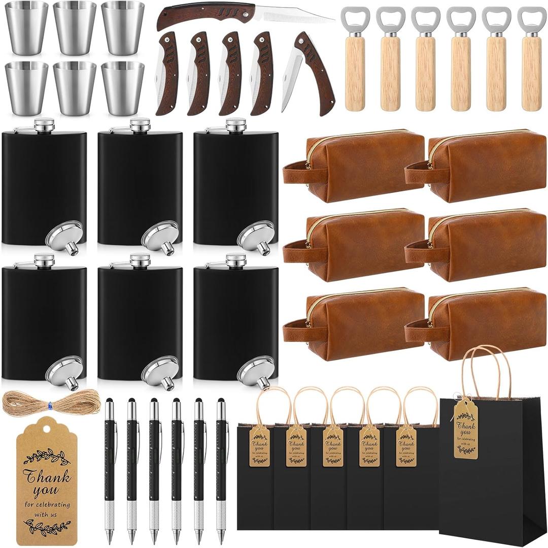 44 Pcs Baby Shower Prizes for Men with Flasks PU Leather Toiletry Bag Multi Tool Pen Bottle Opener Folding Knife Gift Bag Baby Shower Gifts Groom Game Prizes for Bachelor Party(Black)