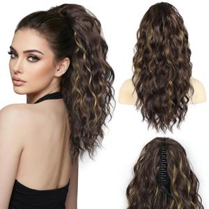 Clip on Ponytails for Women - 18 Inch Curly Ponytail Extension, Wavy Pony Tails Hair Extensions, Synthetic Hair Extensions Ponytail, Clip in Ponytail (Color: Brown with Golden Highlights)