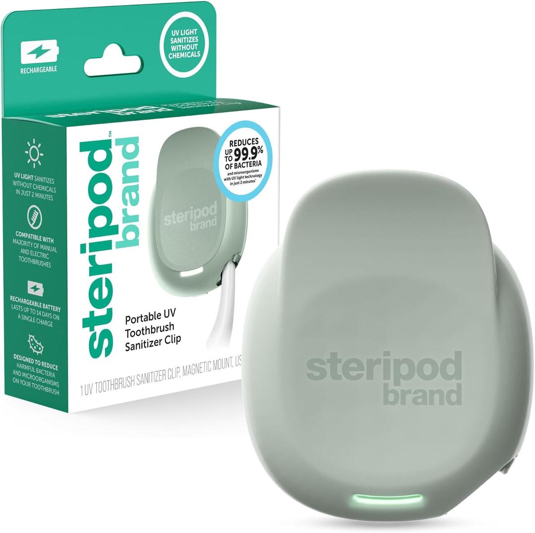 Steripod Brand Portable UV Toothbrush Sanitizer Clip, Reduces Harmful Microorganisms, Rechargeable, Sage, 1 Count