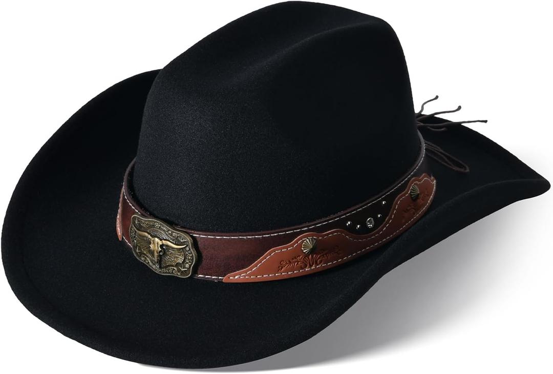 Wide Brim Cowgirl Hat Men Large Wide Brim Cowboy Hats for Women with Buckle Belt Classic Cowboy Outfits (Brown, M)