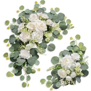 Artificial Wedding Arch Flowers for Wedding Sign,Set of 2 for Wedding Welcome Ceremony Sign,Faux Floral Swags,Wedding, Banquet and Reception Backdrop Floral Decoration (White)