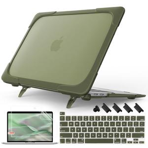 Mektron for MacBook Pro 13 inch Case 2022 2021 2020 M1 M2 A2338 A2289 A2251, Heavy Duty Slim Hard Shell Dual Layer Protective Cover with Fold Kickstand for MacBook Pro 13 Touch bar, Avocado Green