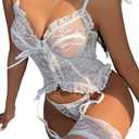 Women Lingerie Sexy Floral Lace Lingerie Set 3 Piece Bodysuit Teddy Outfit with Bustier G-string and Stockings (White, XL)