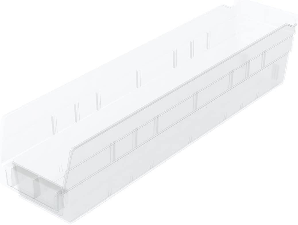Akro-Mils 30128 Plastic Shelf Bins, Heavy Duty Storage Bins for Garage, Closet, and Drawer Organization, 18-Inch x 4-Inch x 4-Inch, Clear, 12-Pack