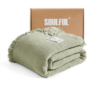 SOULFUL Muslin Throw Blanket with Tassels - Soft King Size Cotton Throw Blanket for Couch or Bed, Lightweight and Breathable Gauze for All Seasons, LightChampagne, 108" x 90" (Queen, Mistsage)