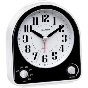 Peakeep Analog Alarm Clock Non-Ticking Silent, Optional 7 Wake-up Sounds with Volume Control, Nightlight and Snooze, AA Battery Operated (Black)