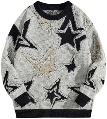 BEAUDRM Men's Star Graphic Sweaters Y2K Vintage Crewneck Oversized Sweaters Baggy Long Sleeve Knit Unisex Pullover Jumper Top, Small