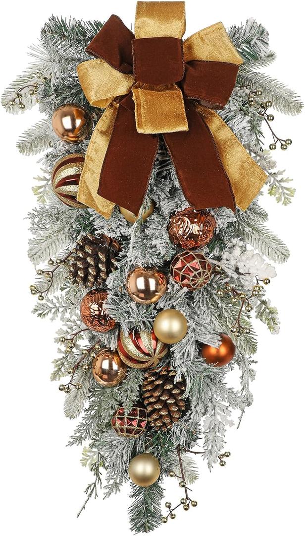 30" Christmas Teardrop Swag for Front Door Artificial Winter Swag Garland with Pine Cones, Berry Clusters, Bronze Ball Ornaments and Ribbons for Thanksgiving Holiday Christmas Decoration