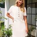 MEROKEETY Women's Summer Bodycon Sweater Dress Business Casual Outfis Short Sleeve Knit Button Formal Elegant Work Dress (White, S)