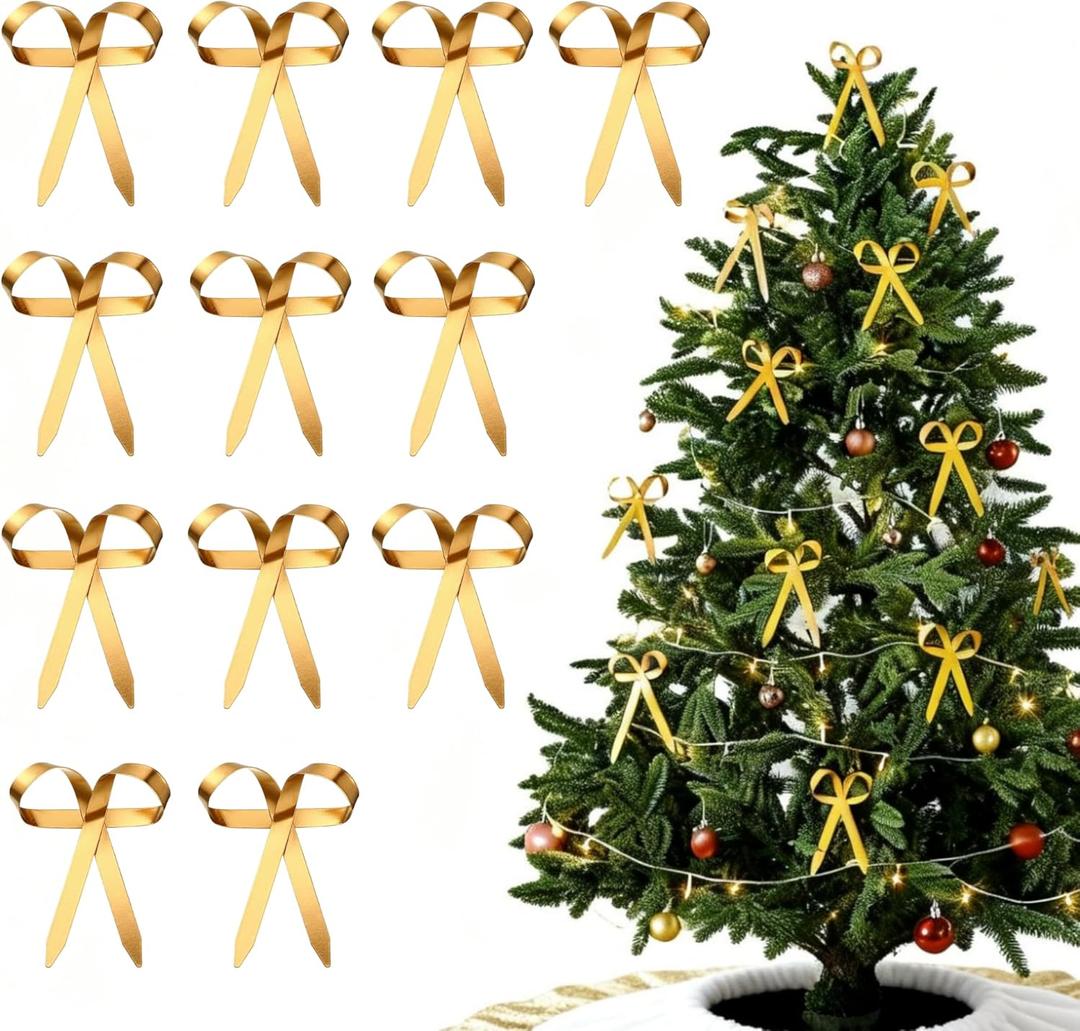 12 Pcs Gold Metal Christmas Bow Ornaments for Christmas Tree Garland Wreath Bulk Bow with Clip Ornament Vintage Indoor Outdoor Home Xmas Party Decorations, 4 x 5 Inches