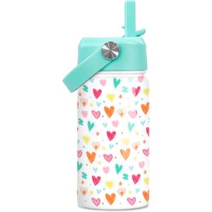 Kids Water Bottle with Straw Lid - Insulated 12 Oz Stainless Steel Water Bottles for Girls - Heart Water Bottle Travel Cup for School Sports