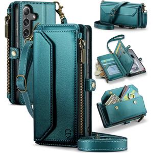 Strapurs Wallet Case Compatible with Samsung Galaxy S24 5G RFID Blocking Card Holder Soft PU Leather Magnetic Snap Shoulder Strap Zipper Pocket Phone Case Fit for Galaxy S24 6.2" - Blue Green