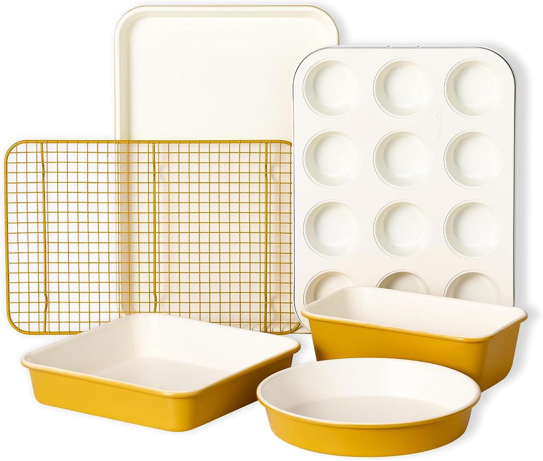 CAROTE 6-Piece Ceramic Baking Pans Set, Aluminized Steel Bakeware Sets, Toxin-Free Nonstick Stackable Oven Pans with Cookie Sheet, Muffin Pan, Loaf Pan, Round & Square Cake Pan, Cooling Rack, 6pcs