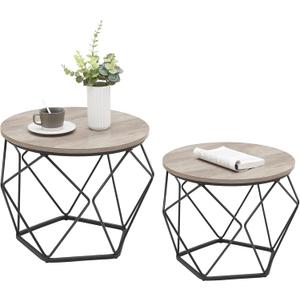 VASAGLE Small Coffee Table Set of 2, Round Coffee Table with Steel Frame, Side End Table for Living Room, Bedroom, Office, Greige and Ink Black (19.7Dia. x 15.7H, Greige + Ink Black)