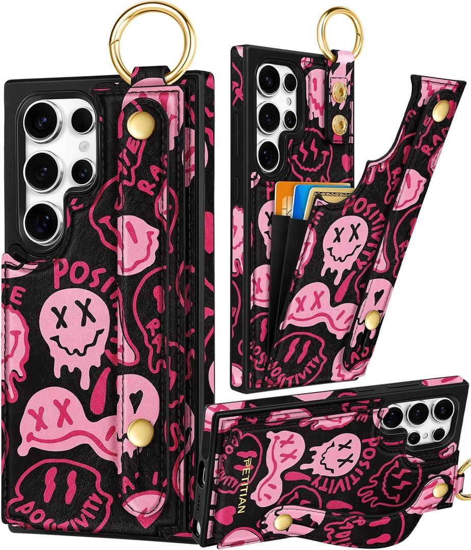 Petitian for Samsung Galaxy S22 Ultra Case with Wallet - Women Girls Cute Girly Aesthetic Unique Design Leather Credit Card Holder Cardholder Stand Wristband for S22 Ultra, Xiaolian (Fen Face)