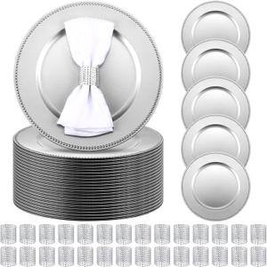 Tanlade 100 Pcs Charger Plates Bulk with Napkin Rings Set Include 50 Plastic Beaded Plate Chargers 50 Napkin Rings 13'' Round Dinner Plate Chargers Set for Table Setting Wedding Party(Silver), Beaded Style