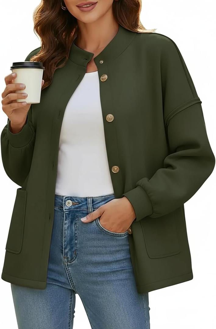 Disamer Jackets for Women Fall Fashion 2026 Casual Bomber Jacket Varsity Lantern Long Sleeve Outerwear Button Down Coat (Green, M)