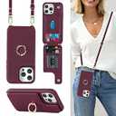 Lipvina For iPhone 13 Case with Card Holder for Women, iPhone 13 Phone Case with Strap, Crossbody Lanyard, Ring Stand, Snap Clasp, Cute Wallet Cases for iPhone 13 6.1 inch(Wine Red)