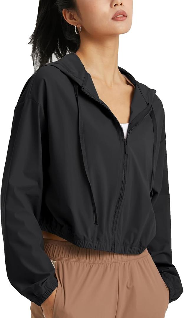 altiland Women's UPF 50+ Sun Protection Cropped Jackets Zip Up Cooling Shirt Athletic Workout Running Hoodie (Black) size 4