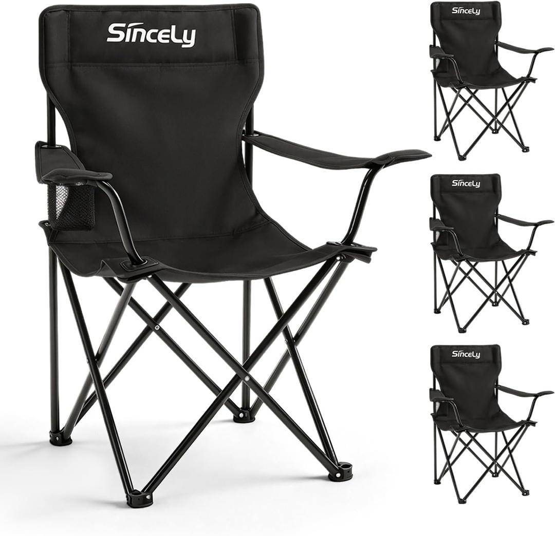 Portable Folding Camping Chair - Heavy Duty Steel Frame Outdoor Chair with Side Cup Holder, Breathable Polyester Fabric, Collapsible Camp Chair for Camping, Beach, Picnic, Fishing, 4PCS