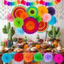35PCS Fiesta Paper Fan Party Decorations Set - Cinco De Mayo Pom Poms,Pre-assembled Pennant,Garland String,Banner,Hanging Swirls Hispanic Heritage Month Decor Supplies,Multicolored
