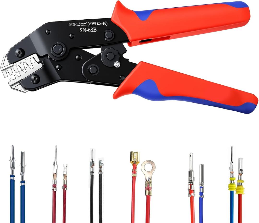 6 in 1 Wire Crimping Tool, Amliber AWG 28-16 Wire Crimper for Non-Insulated Open Barrel Terminal Connectors, Electrical Crimping Pliers for Molex Dupont JST Deutsch DELPHI AMP TYCO TE Terminals