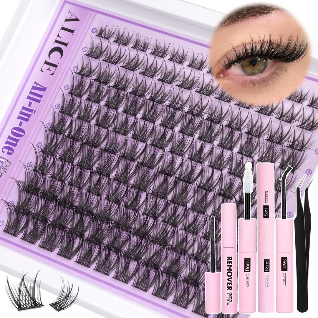 Wispy Lash Clusters Kit Natural Lash Extensions Kit DIY Cluster Eyelash Extensions C-Curly 8-16mm Individual Lashes Kit with Lash Remover Black Bond and Seal Soft Thin Band by ALICE