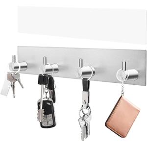 VIS'V Key Holder Wall Mount, Large Metal Self Adhesive Key Hanger with 4 Hooks, No Drilling, Extra Adhesive Strip, Silver
