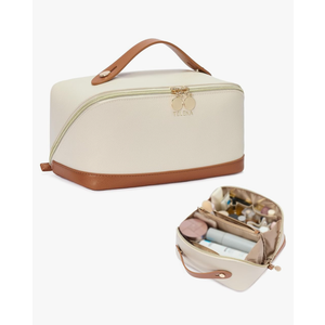 Telena Leather Make Up Bag Portable Travel Makeup Bag Waterproof Cosmetic Bags for Women Large Capacity With Handle and Divider Open Lay Flat