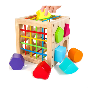 Montessori Toys for 1+ Year Old, Wooden Sorter Cube with 8pcs Rattling Shapes, Developmental Learning Toy Gifts for Baby Toddler Boys Girls, Gift Packaging