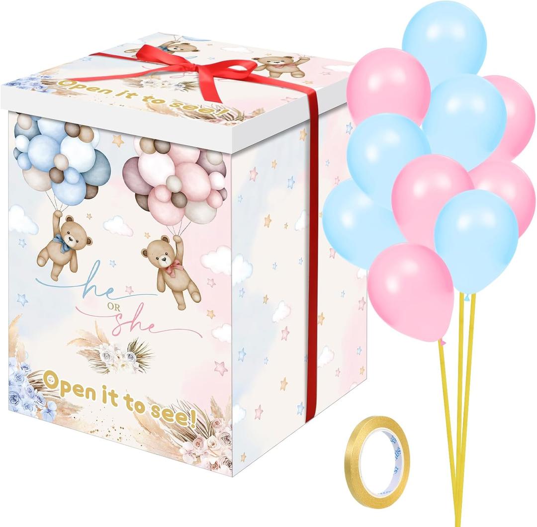 Hungdao Gender Reveal Balloon Box with Ribbon and 10 Pink and Blue Balloons Gender Reveal Games He or She Open to See for Party Decoration 12"x12"x16"(Boho Bear)