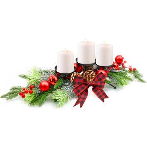 MrMrKura Christmas Centerpiece with 3 Candle Holders, Table Christmas Decorations with Pine Cones Gold Berries Bowknot and Baubles for Dining Home Party (Red)