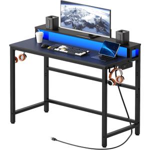 YATINEY Small Computer Desk with Charging Station and LED Lights, Gaming Desk with Monitor Stand, 2-Tier Home Office Desk with 4 Side Hooks, for Living Room, Home Office, Black DN01UDB