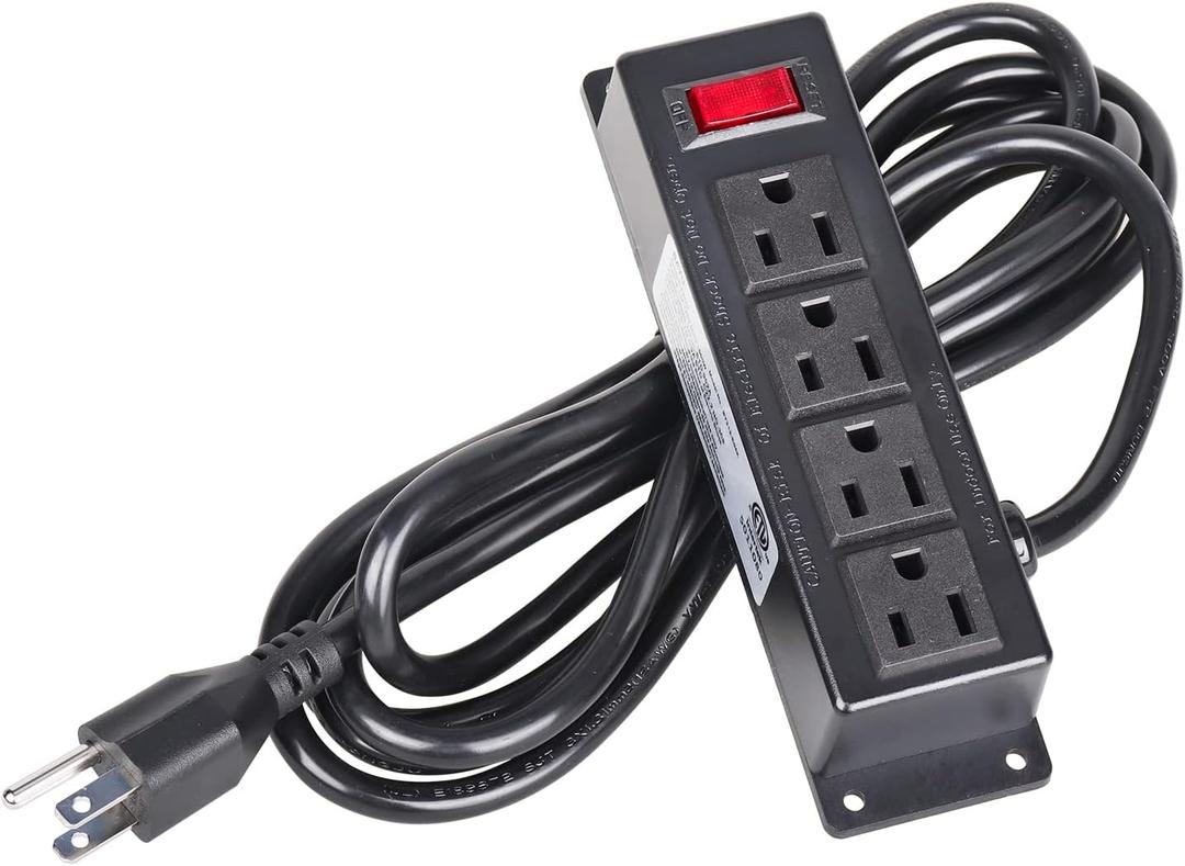 Mountable Power Strip with 4 Outlet, Wall Mount Under Desk Power Strip with 10ft Cord, Flat Plug Power Socket for Home, Office, Industrial, Black