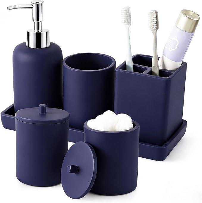 Resin 6 Pcs Navy Blue Bathroom Set Complete with Toothbrush Holder, Lotion Soap Dispenser, 2 Qtip Holder Dispensers,Vanity Tray,Bathroom Tumbler Countertop Vanity Organizer Bathroom Accessories