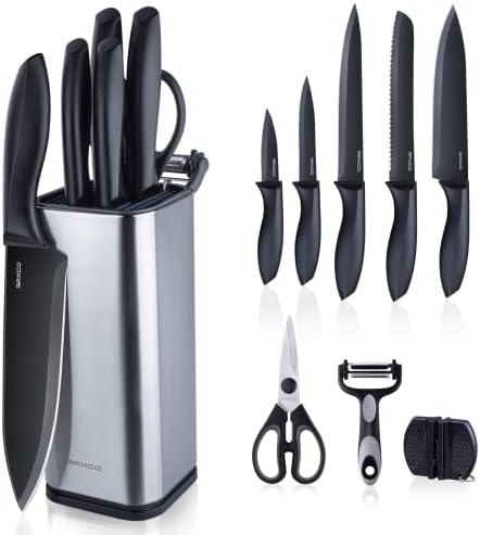RAXCO Knife Set with Block,10-Piece Kitchen Knives Stainless Steel,Pro-sharpened for Cooking,Slicing,Mincing,Dicing,Black