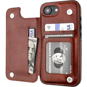ONETOP Compatible with iPhone 17e/16e Wallet Case with Card Holder, PU Leather Kickstand Card Slots Case, Double Magnetic Clasp and Durable Shockproof Cover 6.1 Inch (Brown)