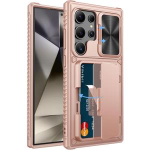 Vihibii for Samsung Galaxy S24 Ultra Wallet Case with Card Holder (4 Cards) & Slide Lens Cover & Stand & Raised Edges Protect Screen, Shockproof Rugged Case for Samsung Galaxy S24 Ultra 5G, Rose Gold