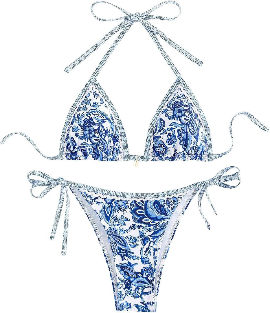 WDIRARA Women's 2 Piece Boho Swimsuits Floral Print Halter String Triangle Bikini Set Beach Bathing Suit (Blue White, Large Plus)