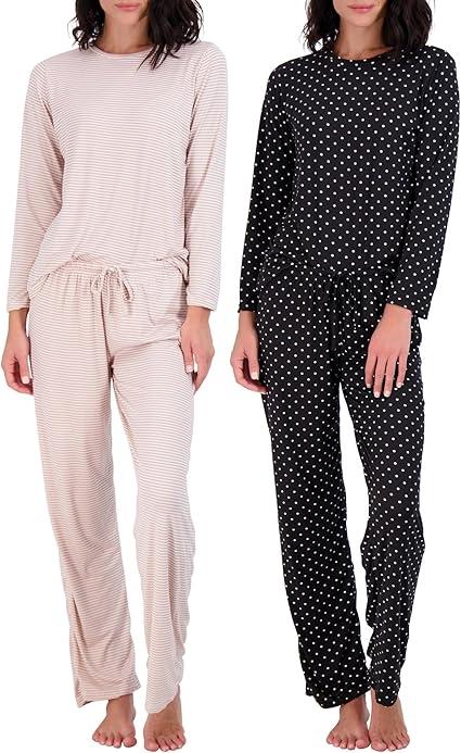 Real Essentials 2 Pack: Women's Pajama Set - Choose from Short Sleeve with Pocket or Long Sleeve without Pocket , Size L , Pink, Black