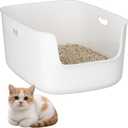 Low Entry High Sided Plastic White Cat Litter Box 22.8x15x8.66 Inch with Splash Guard - One-Piece Smooth Interior Easy Clean for Senior Kittens Mobility-Impaired Cats & Large Breeds