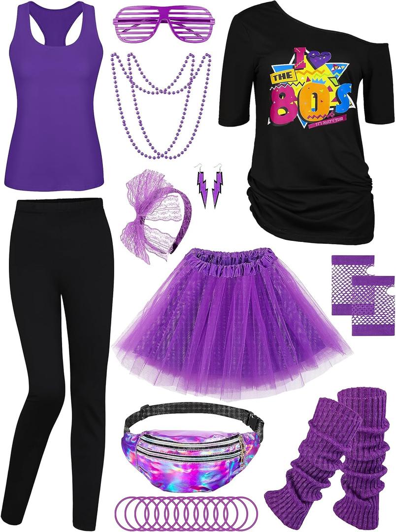 AOTHSO 24 Pieces Halloween Women 80s Costume Accessories Set 80s Cosplay T-Shirt Tutu Pants Racerback Top Fanny Pack Gloves (XX-Large, Black+purple)