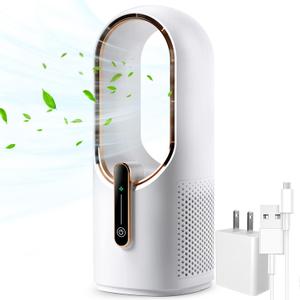 Desk Fan Bladeless, 11.8 Inch Office Fan Small, Quiet, 3 Speed Adjustment, Touch Control, Easy to Clean, Desk Fans Small Quiet, Ideal for Office, Living Room, Bedroom (White/Gold)